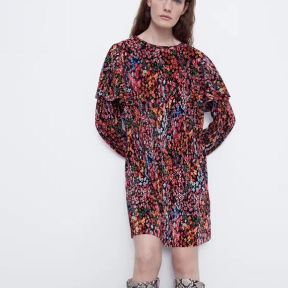 Zara Womens Micro Pleated Floral Detail Puff Sleeve Ruffled Dress Size Medium - Picture 2 of 10